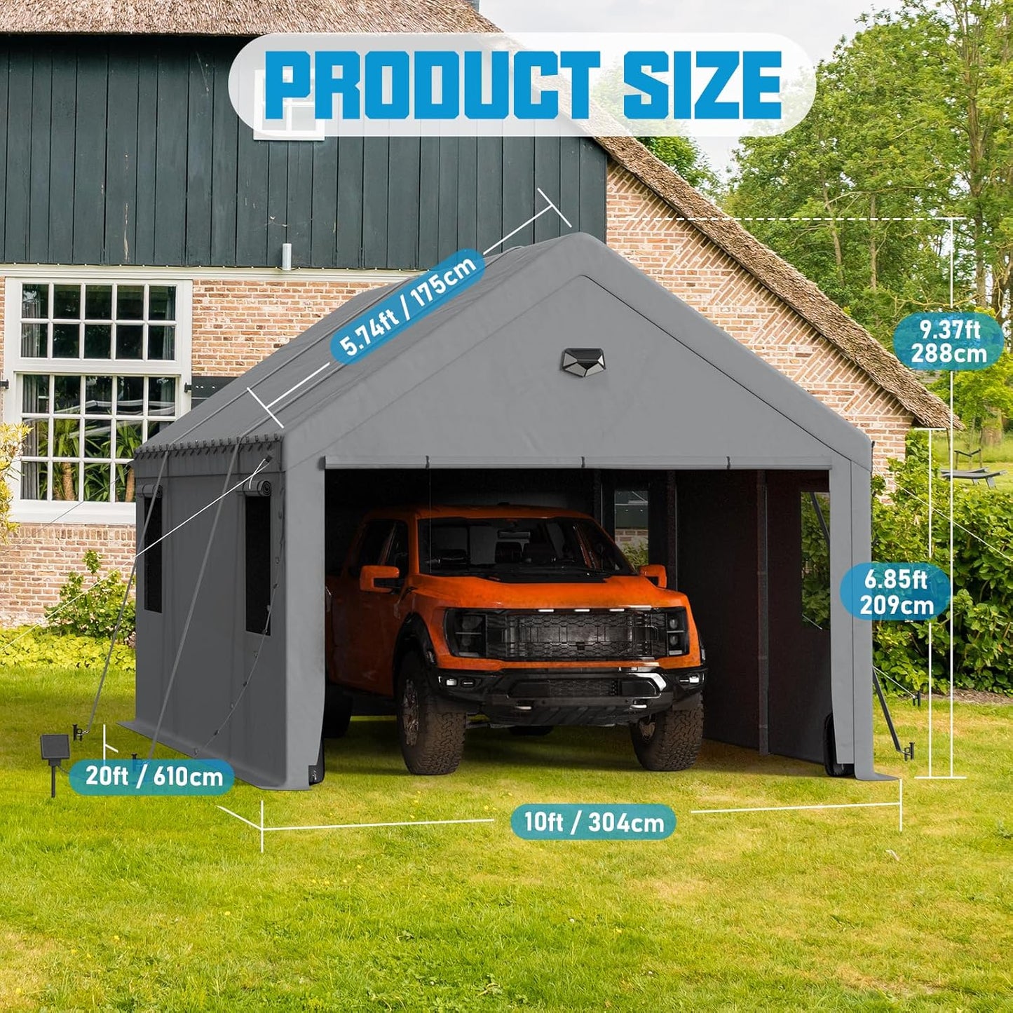 10x20 Carport Canopy, Heavy Duty Car Port, Portable Car Ports Garage with 2 Roll-Up Zipper Drive Through Doors, Grey