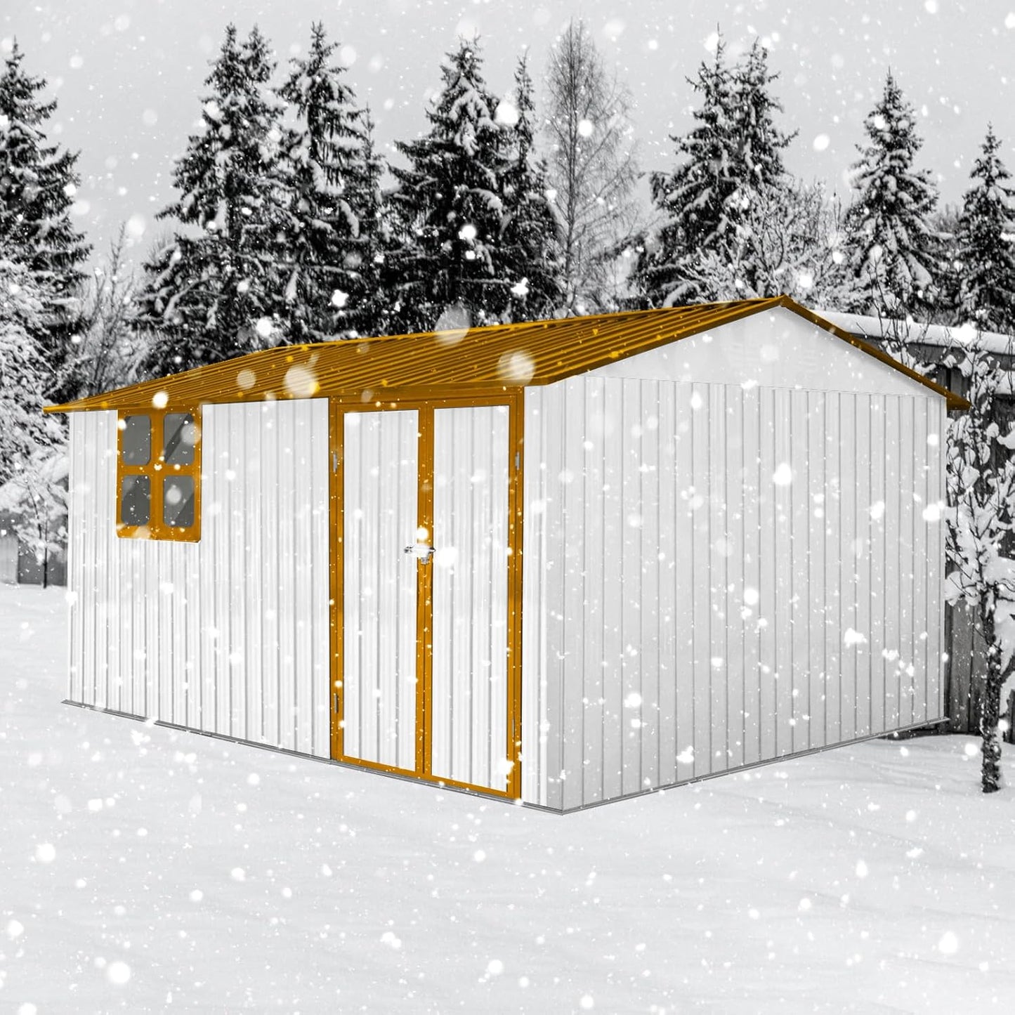 10x12 FT Outdoor Storage Shed, Large Metal Garden Shed with 4-pane Window, Outside Tool Shed with Lockable Hinged Door & 4 Air Vent, Waterproof Storage Building for Backyard, Patio, Lawn, White+Yellow