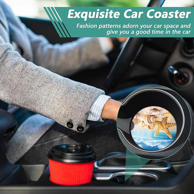 2 Pack Car Cup Holder Coasters - Sea Beach Shell Starfish Absorbent Ceramic Coaster, Car Coasters for Cup Holders, Car Interior Accessories for Women Men