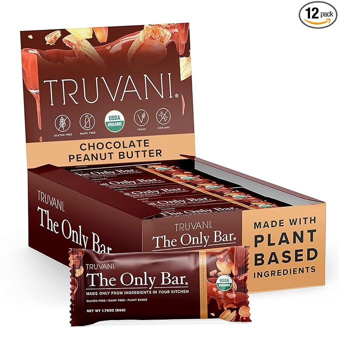 Truvani Plant Based Snack Bars | Chocolate Peanut Butter 12 Pack | 7g Protein | USDA Organic and Vegan | The Only Bar | Dairy, Soy, and Gluten Free | Individually Wrapped
