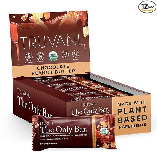 Truvani Plant Based Snack Bars | Chocolate Peanut Butter 12 Pack | 7g Protein | USDA Organic and Vegan | The Only Bar | Dairy, Soy, and Gluten Free | Individually Wrapped