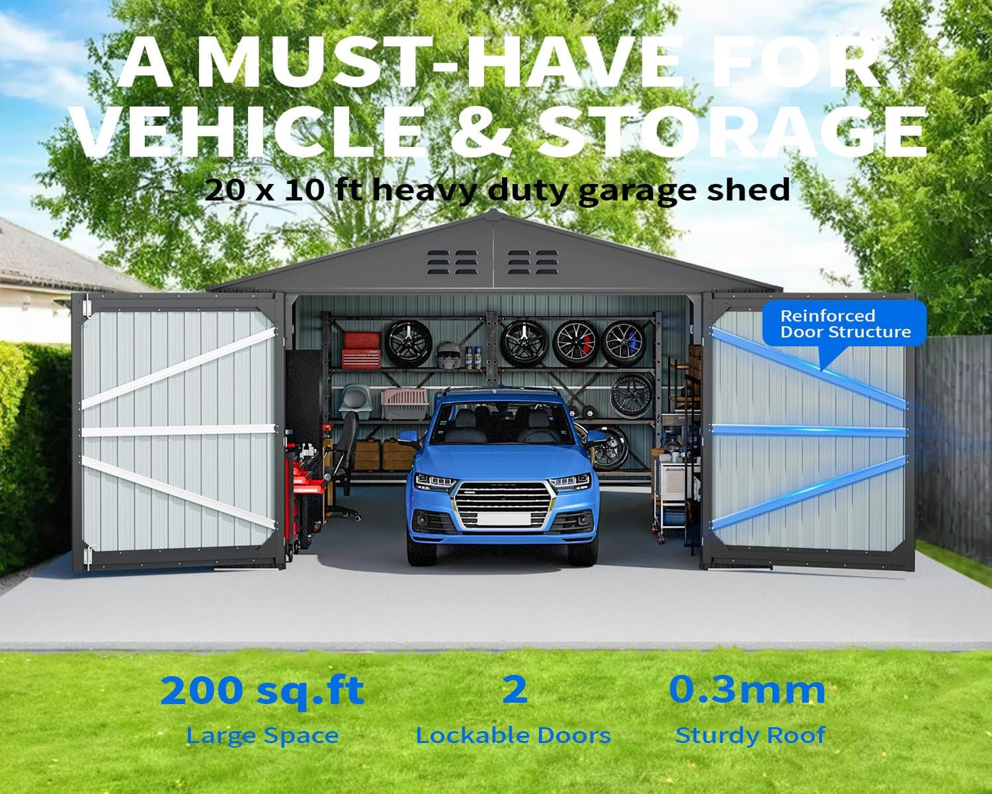 10x20 Metal Shed, Metal Garage Building with 2 Lockable Doors, Prefab Garage Shed with 4 Air Vents, Large Sheds & Outdoor Storage Clearance, Car Sheds for Truck, Tool, Lawnmower, Black