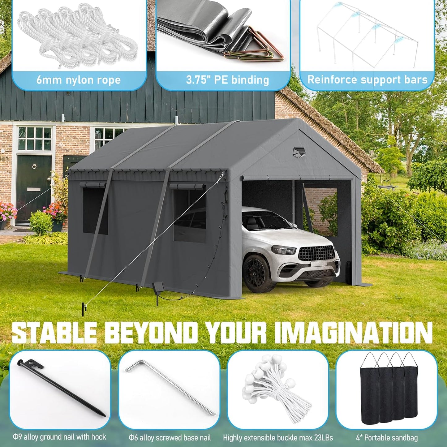 10x16 Carport Canopy, Heavy Duty Car Port, Portable Car Ports Garage with 2 Roll-Up Zipper Drive Through Doors, Grey