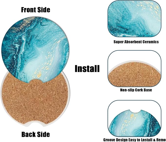 Car Cup Holder Coaster - Blue Sea Marble Absorbent Ceramic Coaster, Car Coasters for Cup Holders, Auto Accessories for Women & Men, Pack of 2