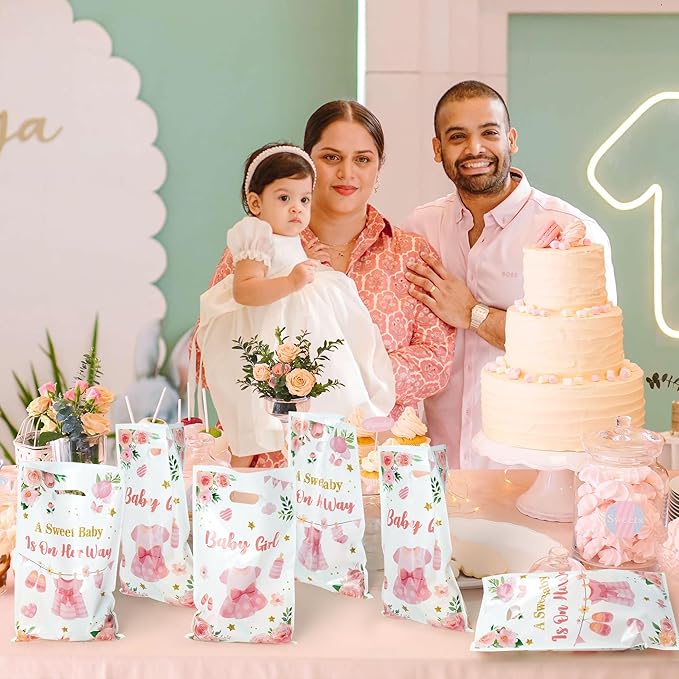 50Pcs Pink Floral Baby Shower Party Favor Bags, A Sweet Baby is on Her Way Goody Treat Bags, It's a Girl Pink Plastic Candy Gift Pack Party Supplies Decoration