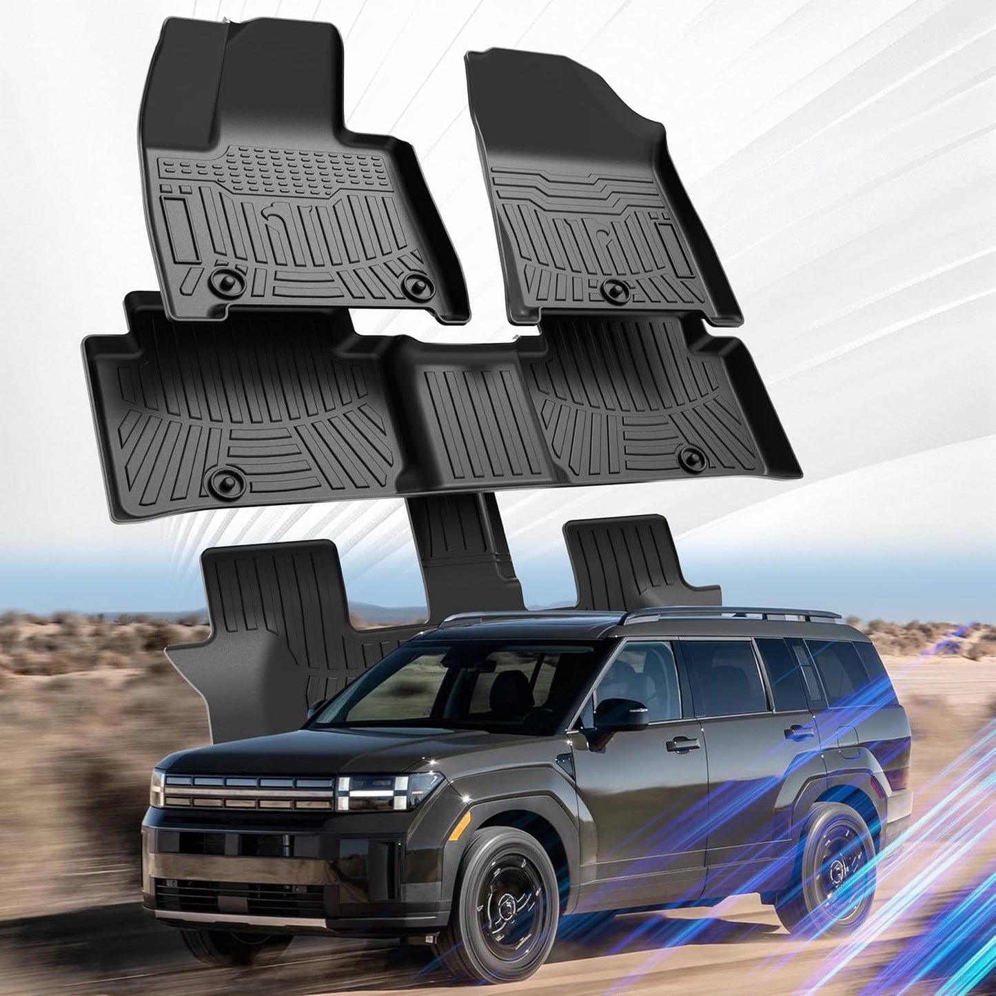 Car Floor Mats for 2024 2025 Hyundai Santa Fe Accessories(Not for Hybrid),TPE All Weather Protection Floor Mats,Custom Fit 3 Rows Car Floor Liners Set,Heavy Duty Accessories,Black