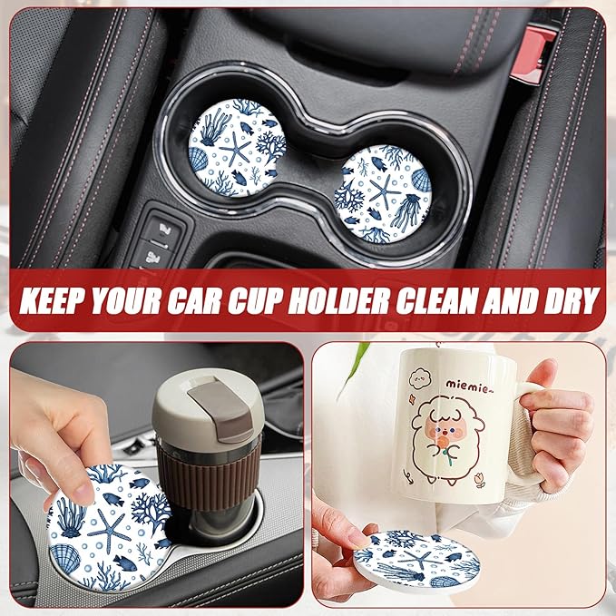 Blue Sea Starfish Shells Car Coasters for Cup Holders, Absorbent Ceramic Car Coaster Car Cup Holder Coaster Car Accessories for Women Men (2 Pack)