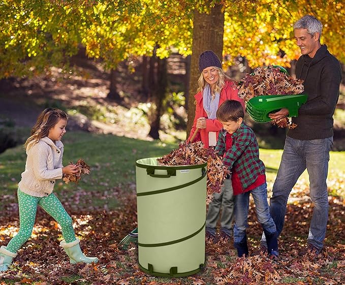 Collapsible -45 Gallon Canvas Garden Waste Bag -Pop-up Bucket Reusable Yard Leaf Bag Holder- Heavy Duty Hardshell Bottom ??with Drain Holes for Lawn Pool Garden Camping Trash Debris Bag with Handles