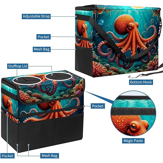 Car Trash Can Octopus Large Storage Garbage Can with Lid Hanging for Back Seat Leakproof Automotive Vehicle Trash Bin
