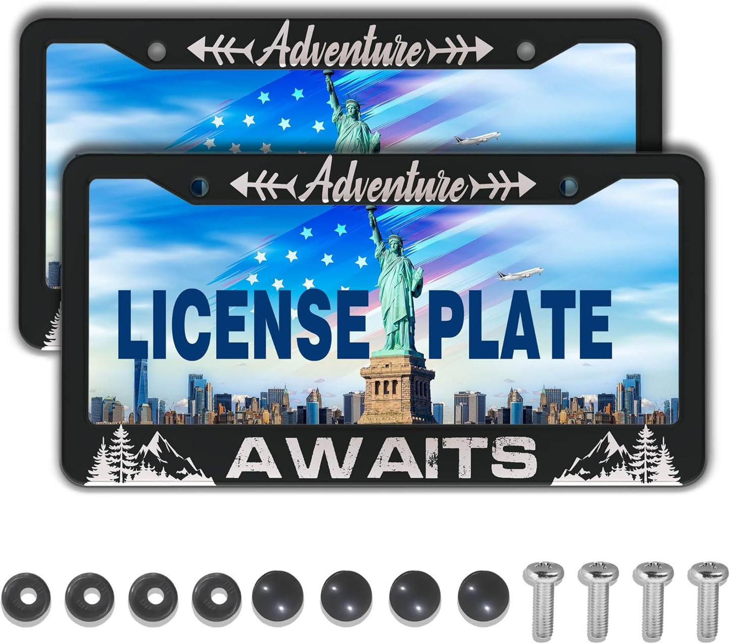 License Plate Frames for Men Black and White Car Plate Frames for Women Adventure Awaits Aluminum Metal Car Accessory 2 Pack with Screw Covers Set