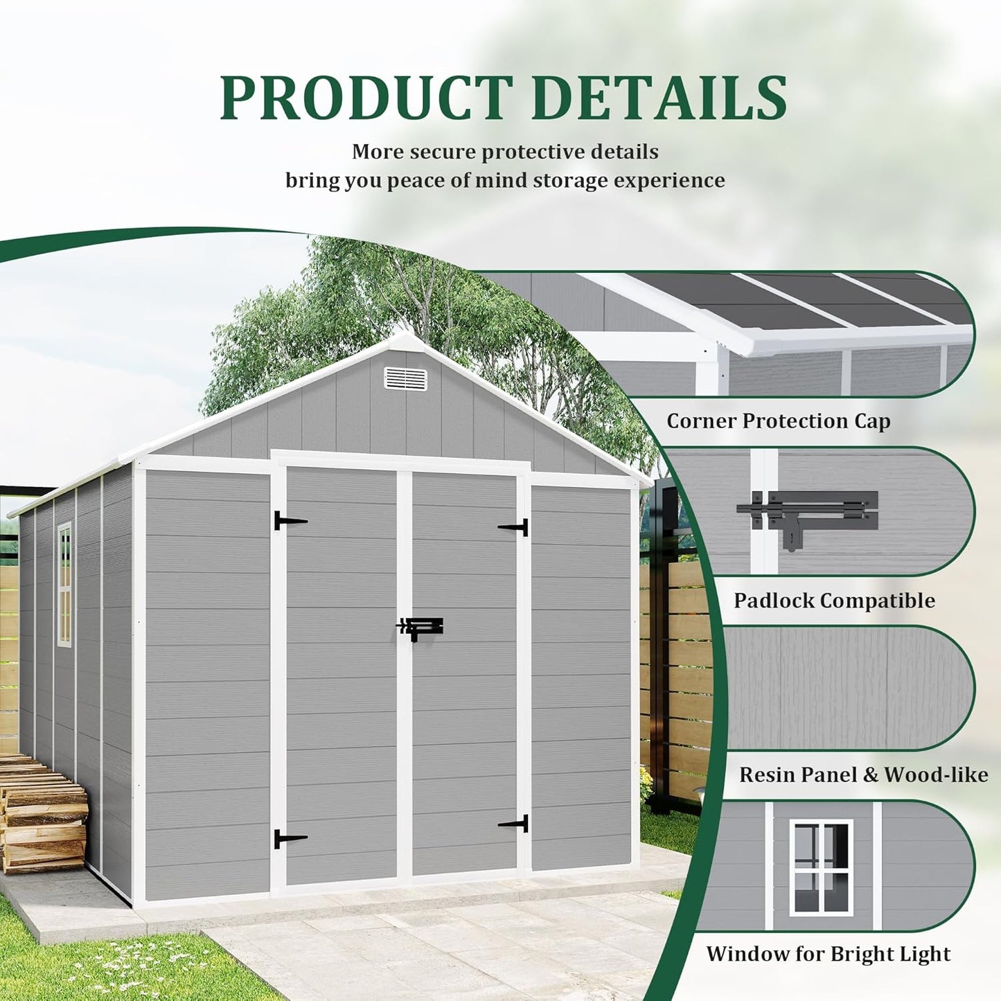 MyVoice 10x8 FT Outdoor Resin Storage Shed with HD Window, Rustproof Waterproof Garden Tool Shed, 12mm Thickened PP Panels, Large Capacity Outdoor Utility House for Backyard Patio (with Floor)