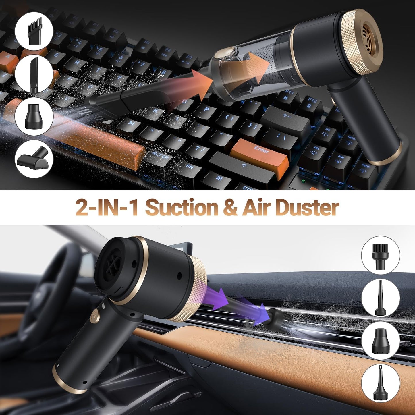 Car Vacuum Portable Cordless, Hand Vacuum with 16000PA High Power, 7 in 1 Mini Car Vacuum Cleaner with One-Click Empty, Dual Hepa Filter, LED Light, Type-C Charging Small Handheld Vac