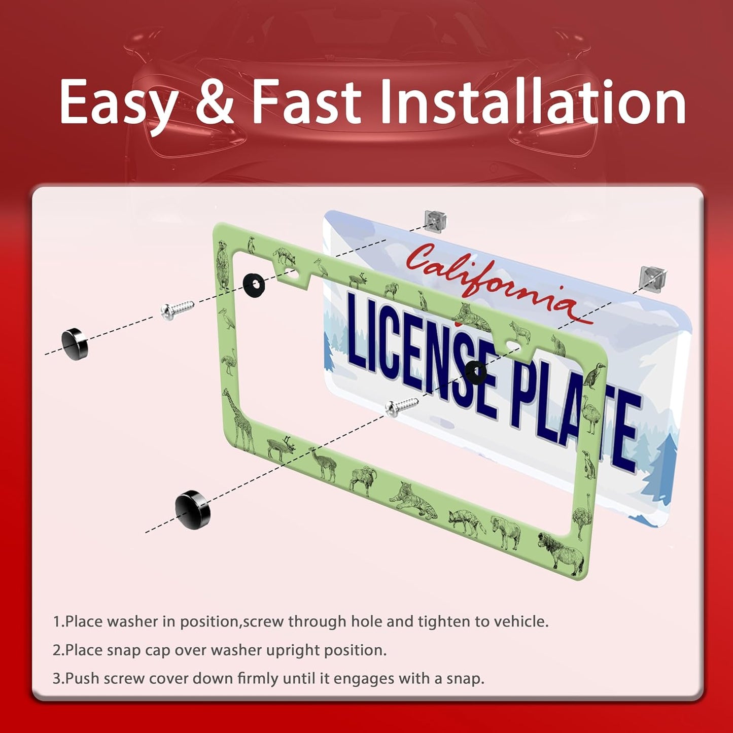 Personalized License Plate Frame Animals Stainless Steel Accessory Wolf Deer Horse Tiger Holder Funny Car Decorative 2 Holes Screws Fits Us Standard License Plates 12.2 X 6.3 in for Men Women