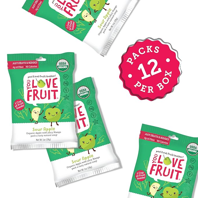 YOU LOVE FRUIT - SOUR APPLE All Natural Fruit Snacks, Healthy Snack Pack, Real Fruit! Gluten Free, Non GMO, Vegan, Fiber packed, Low Fat, Kosher, Variety Pack, Great For Adding To Gift Box, 1.0 oz (Pack of 12)