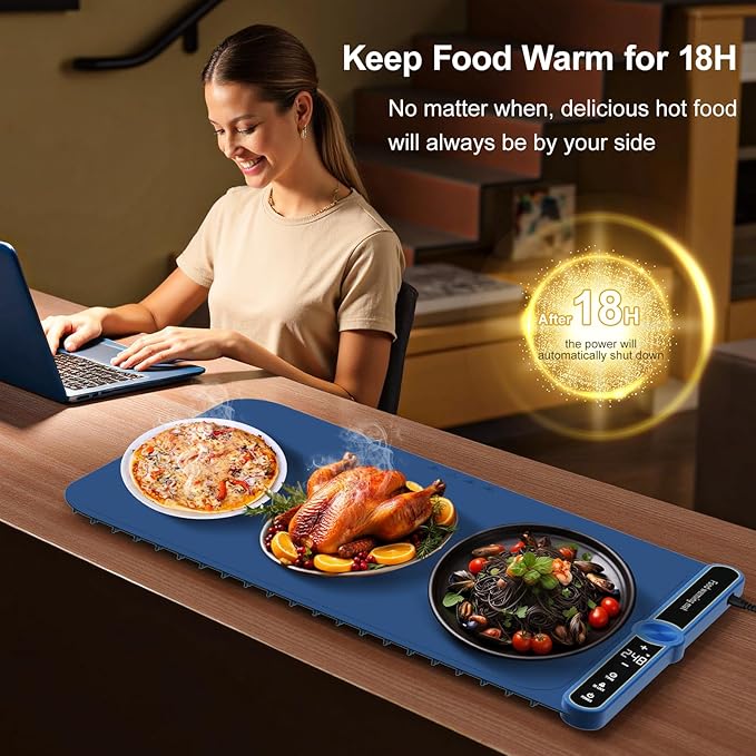Electric Silicone Food Warmers for Parties Buffet 40”X15” Extra Large Food Warming Mat Keep Food Warm Last 18H Even Heating 104F to 248F with Child Lock Easy Clean/Storage
