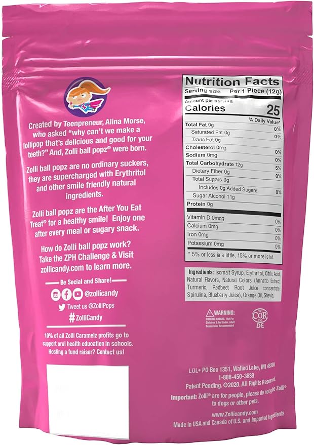 Zollipops Ball Popz Lollipops - Clean Teeth, Natural Fruit Flavor - 10.4 Ounce for a Delicious and Dental-Friendly Snacking Experience