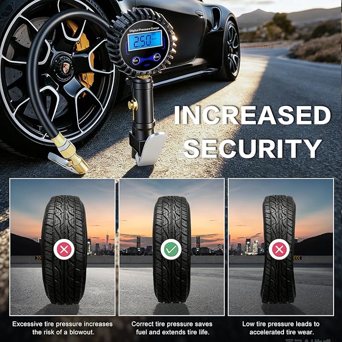 Digital Tire Pressure Gauge with Inflator, 250 PSI Heavy Duty Air Chuck & Compressor Accessories with Quick Connect Coupler and Rubber Hose for Cars, Inflatables