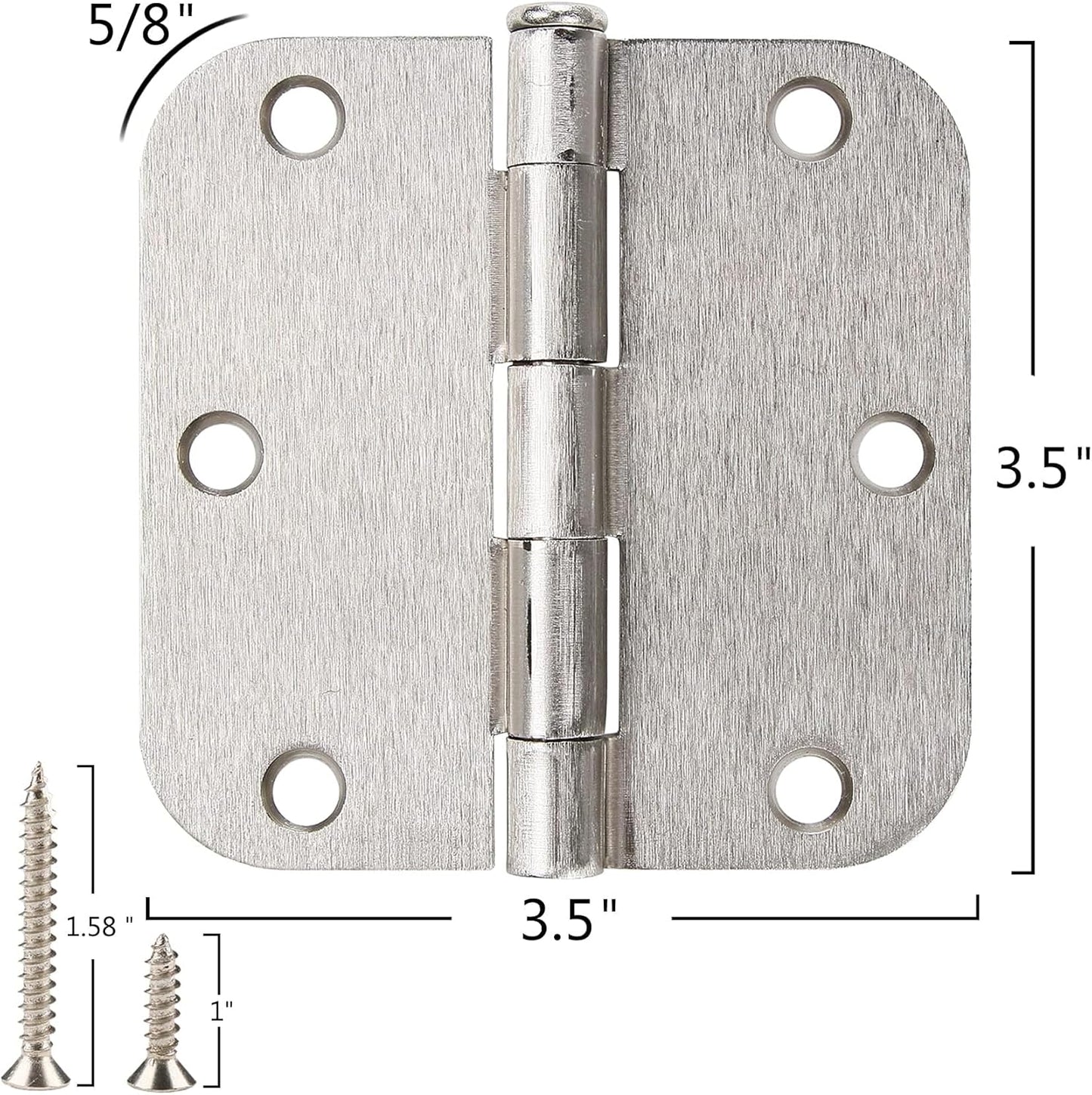 3 Pack Rounded Door Hinges Brushed Nickel 3.5 Inch 5/8" Radius Hardware Satin 3 ½" Heavy Duty Flat Iron Silver Hinge for Doors Kit Interior 3 1/2" Bedroom Kitchen Living Storage Study Room Hallway
