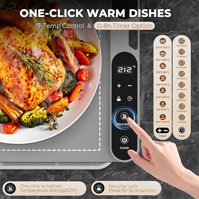 Homelove Food Warming Mat for Parties Buffet - Full Surface Fast Heating Electric Warming Tray with 7 Temp-Settings & 8H Timer, Portable Roll Up Food Warmer with Heat Insulation Pad XL-Grey