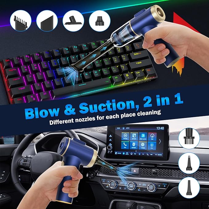 Handheld Car Vacuum Cleaner, 16000Pa Vacuum Cleaner and Air Duster, High Power Hand Held Vacuum with LED Light and Multi-Nozzles for Car,Home,Office,Pet(Blue)