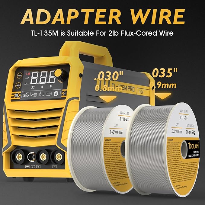 TOOLIOM 135A Gasless Flux Core MIG Welder 110V MIG Welder Flux MIG/Lift TIG/Stick 3 in 1 Welding Machine IGBT DC Inverter with LCD Display