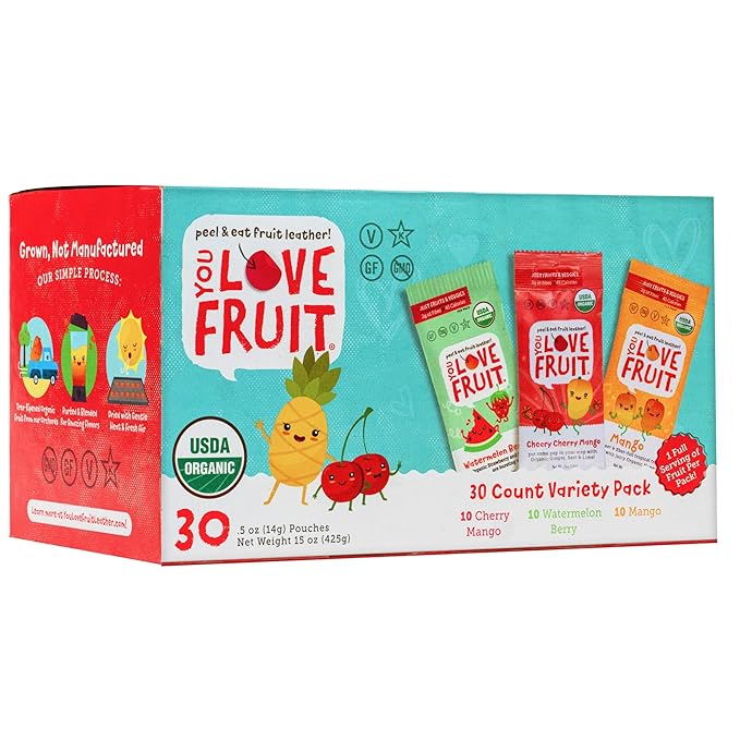YOU LOVE FRUIT - Fruit Snacks Variety Pack 30 count, 100% Natural Gluten-Free, Vegan, Low Carb, Low Fat Fruit Kosher Snacks for Kids, College Students, Teachers and Offices, Healthy Fruit Snacks (Cherry, Watermelon, Mango)