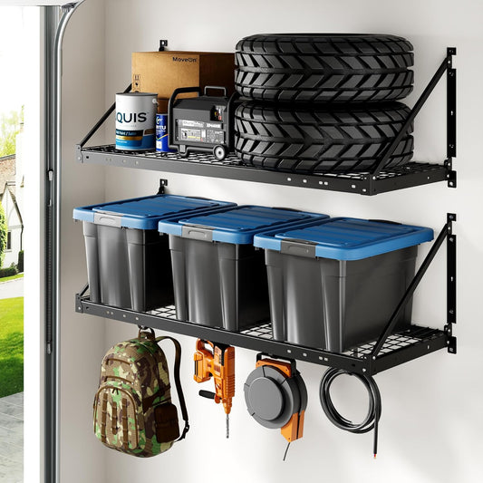 FLEXIMOUNTS 2-Pack 2x4ft Garage Wall Shelving with 4 Hooks - Heavy Duty Garage Storage System, 440 lbs Load Capacity with Brace Guardrail, Wall Mounted Organization for Bikes, Tools, Bins