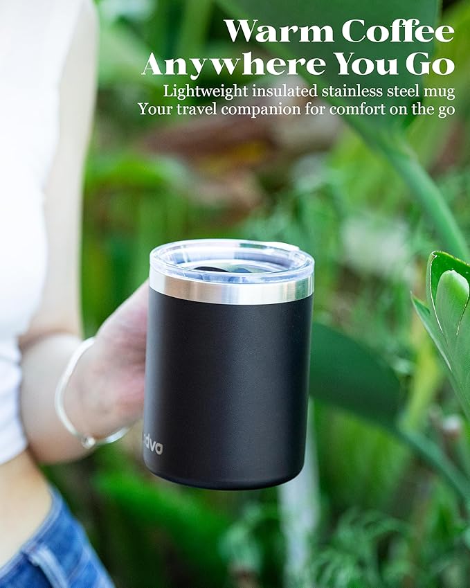12oz Insulated Coffee Mug with Lid – Includes Two Lids, Stainless Steel Coffee Travel Mug with Handle, Double Wall Vacuum Insulated Camping Mug for Home, Office & Outdoor, Black