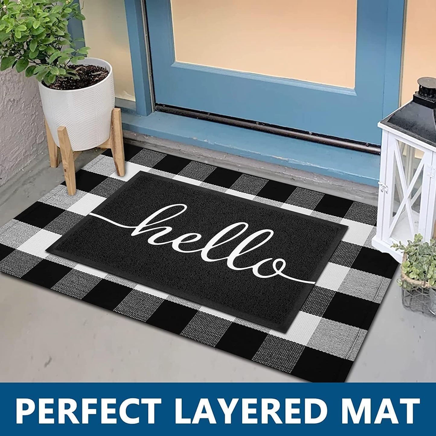 EARTHALL Door Mat 2-Pack Outside Inside Hello Doormat 30"x17.5" Durable Floor Mat Non Slip Mat Ultra Absorb Mud Easy Clean Front Doormat for Garage, Entryway, Patio, High Traffic Areas, Black