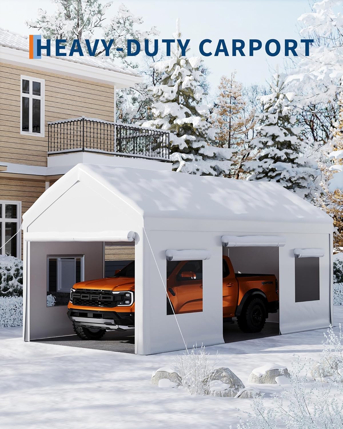 10 x 20ft Heavy-Duty Carport with Roll-Up Windows & Removable Sidewalls & Doors Thickened Wind Ropes, Ground Nails, Portable Car Tent Garage for Cars, Trucks, Boats, 180G Durable Tarp Cover,White