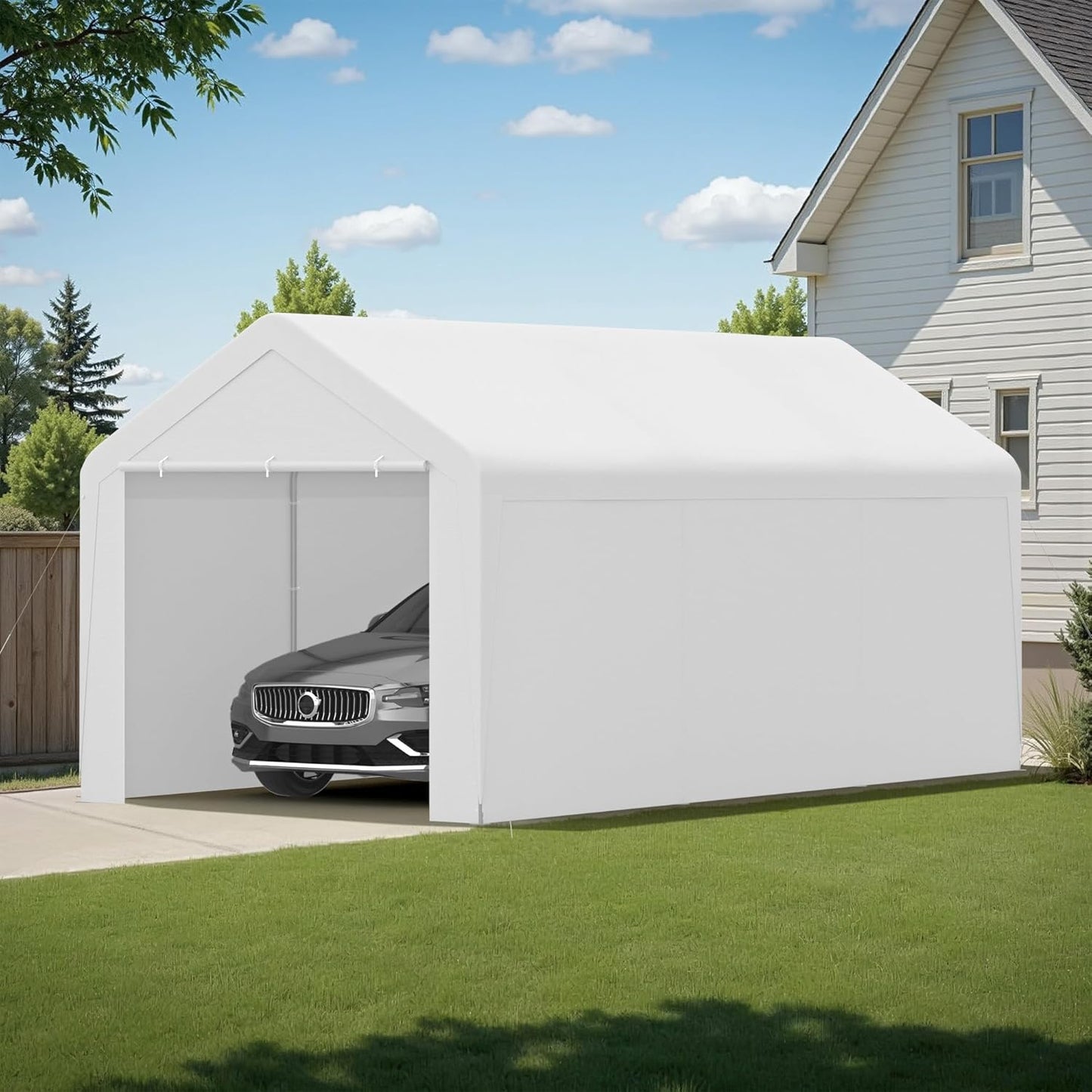 Carport, 10‘ x 20’ Heavy Duty Portable Garage All-Season Car Canopy w/Removable Sidewall & Doors, Carport Canopy Party Tent w/Water-Resistant Tarp for Backyard (White, 10‘ x 20’)