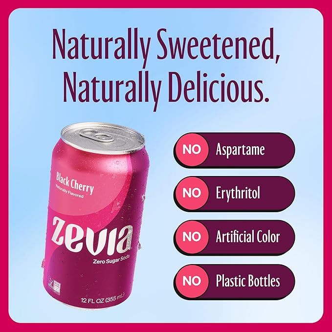Zevia Zero Sugar Soda, Black Cherry, 12 oz Cans (24-Pack) – Naturally Sweetened, Non-GMO Project Verified, Gluten-Free, Vegan