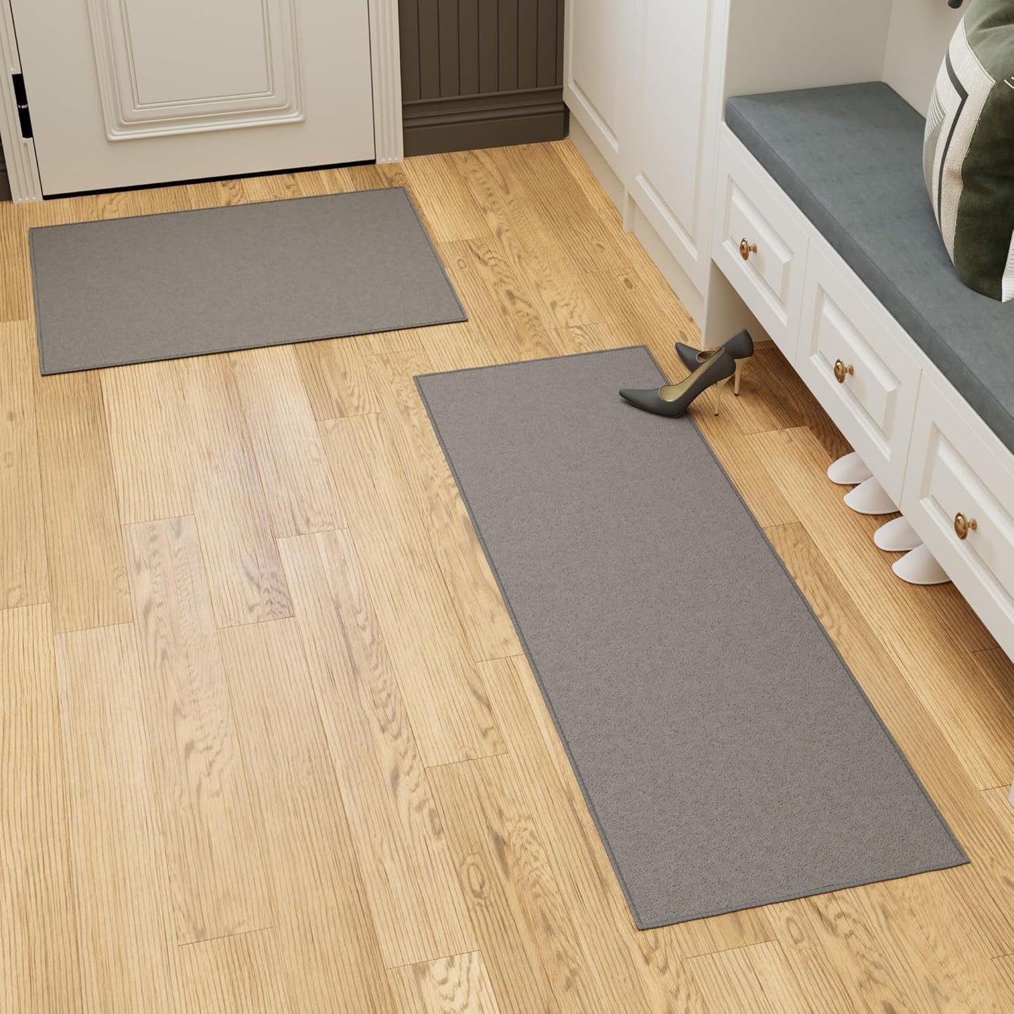 Ottomanson 2-Piece Kitchen Rug Set - Non Slip, Runner & Small Area Rug - Solid - 20" x 59" & 2'3" x 3' - Durable, Stain Resistant for Entryway, Bedroom and Bathroom, Gray