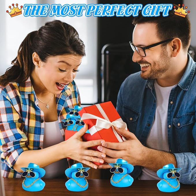 Laser Blue Cowboy Rubber Duck with Hat, Sunglasses & Necklace - DIY Car Dashboard Decor, Squeaky Sound, Premium Rubber, Adult Gift