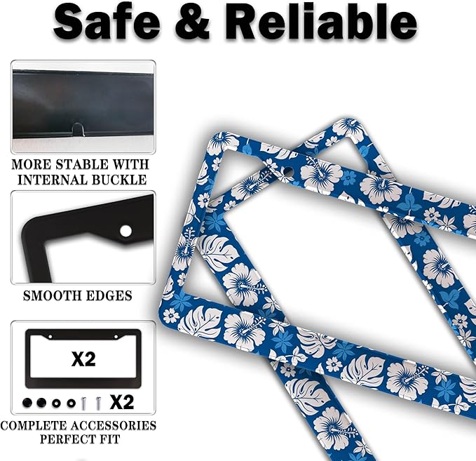 License Plate Protector White Purple License Plate Frames Hawaiian Hibiscus Aluminum Metal Car Accessory 2 Pack with Screw Covers Set