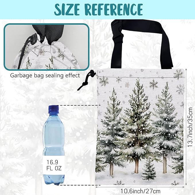 Car Garbage Bag Watercolor Snowy Green Pine Trees Hanging Canvas Car Trash Bag Waterproof Drawstring Car Back Seat Organizer for Car Back Front Seat Console with Adjustable Buckle
