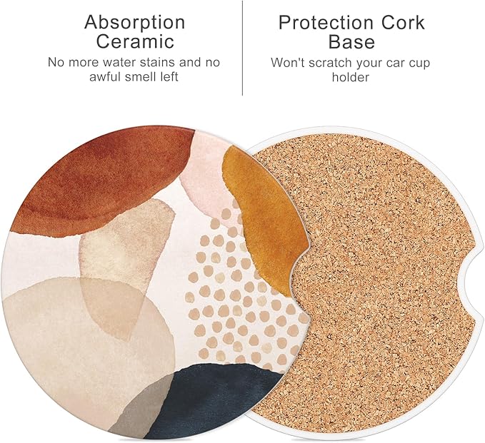 Car Cup Holder Coaster, Car Coasters for Cup Holders, 4 Pack Universal Anti Slip Insert Absorbent Ceramic Auto Interior Accessories with A Finger Notch & Cork Base, Simple Abstract Art