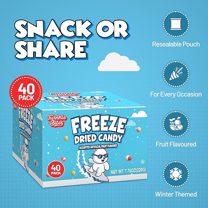 40 Pack Freeze Dried Candy- 10 Pcs Per Bag - Bulk Candy - Resealable Bag For, Kids, Adults, School, Party, Birthday, 5 Delicious flavors