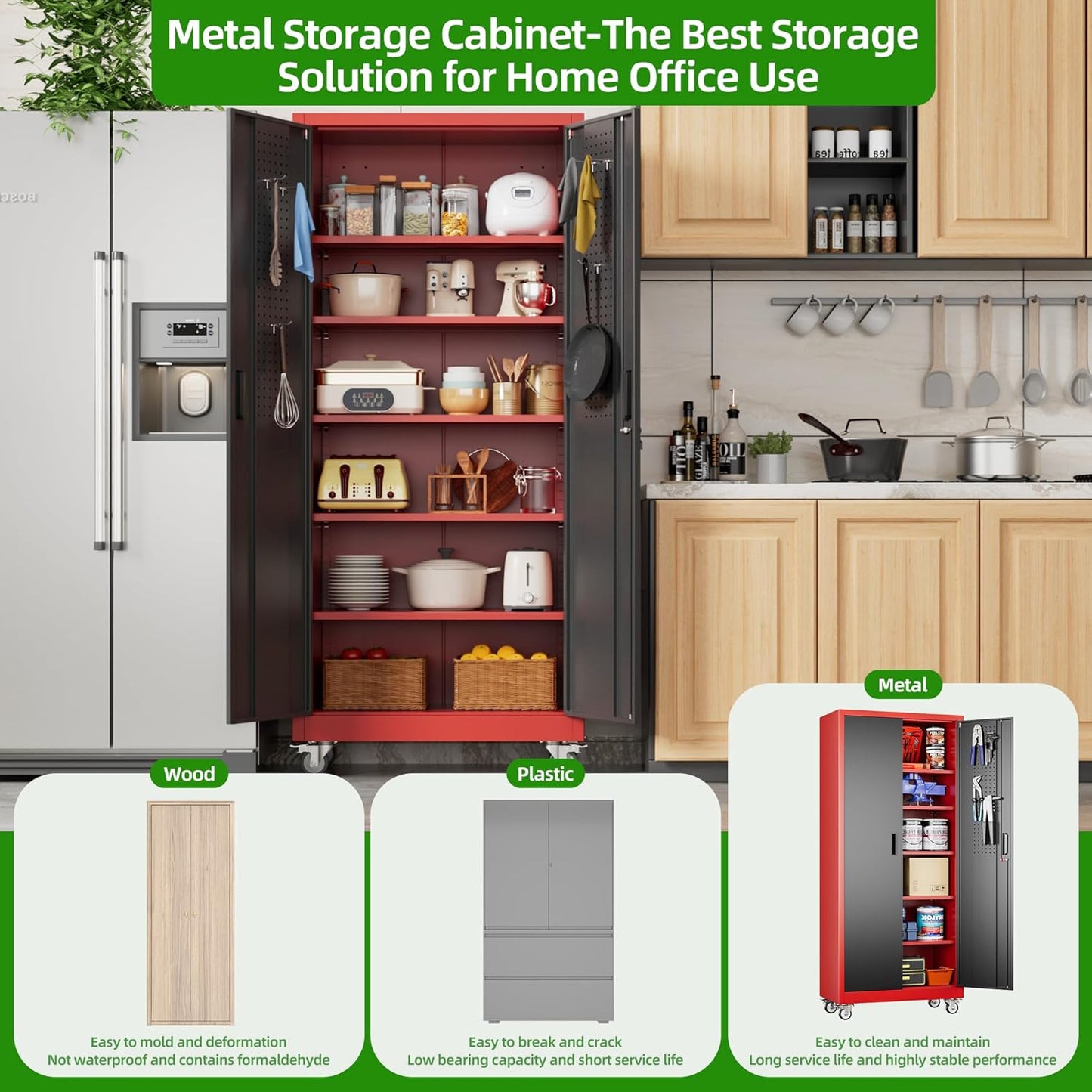 Garage Storage Cabinet with Pegboard and 5 Adjustable Shelves, 71'' x 32'' x 16''Metal Lockable Cabinet with Magnetic Doors,Tool Storage,Home Office Garage,Gym,School (Black-red)