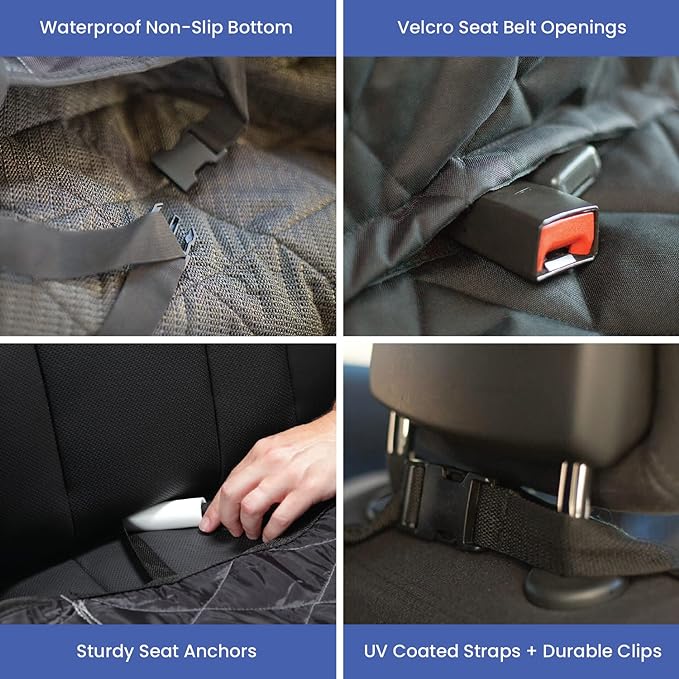 4Knines Dog Seat Cover for Back Seat, Heavy Duty Waterproof Rear Seat Protector for Small Trucks, SUVs, Cars - Fits 60/40 Split Bench with Middle Seat Belt, Non-Slip Dog Backseat Cover (Regular, Grey)