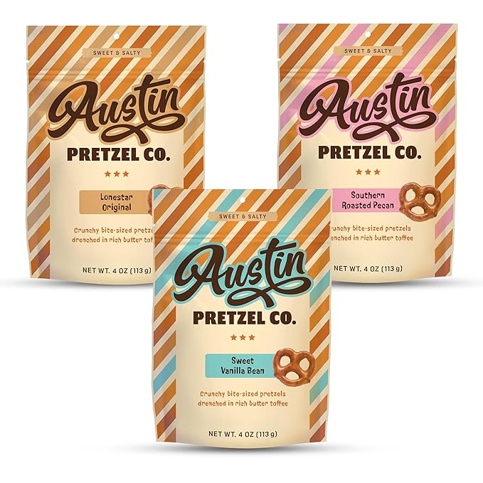 Variety Pack - Lonestar Original, Sweet Vanilla Bean & Southern Roasted Pecan Flavors, 4 oz Gourmet Bite-Sized Butter Toffee Pretzels, Sweet & Savory Snack, Perfect for Sharing Austin Pretzel