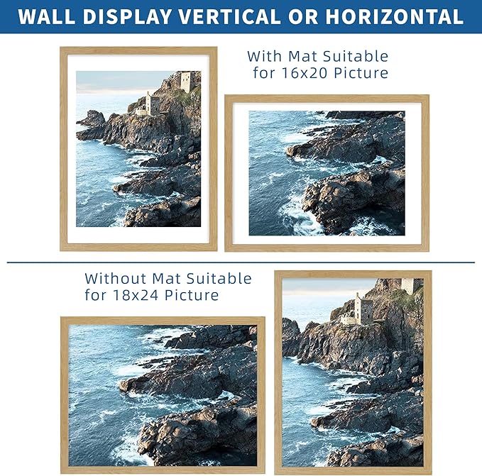 18x24 Frame Set of 2, Natural Oak Wood Style - Display 18 x 24 Poster without Mat or 16x20 Picture with Mat, Wall Mounting Horizontal and Vertical