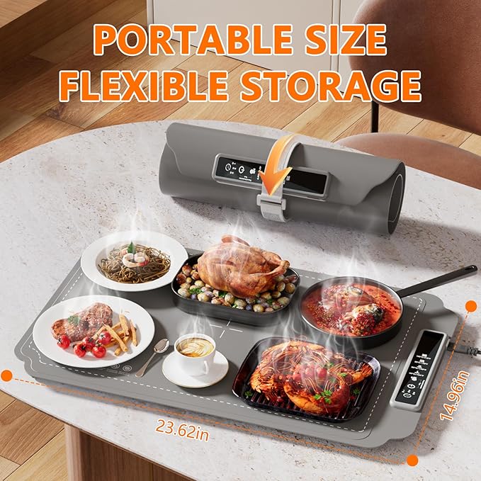 Warming Mat for Food, Electric Warming Tray, Fast Full Surface Graphene Electric Warming Tray, Extra Large Roll Up Silicone Food Warming Mat, Perfect for Gatherings, Parties &Everyday Use (Gray)