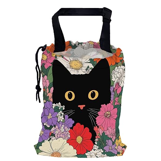Black Cat on Colorful Flowers Car Garbage Bag,Small Car Trash Bag Hanging,Drawstring Car Garbage Bag with Adjustable Buckle for Car Back Seat,SUVs,Camping,Road Trips