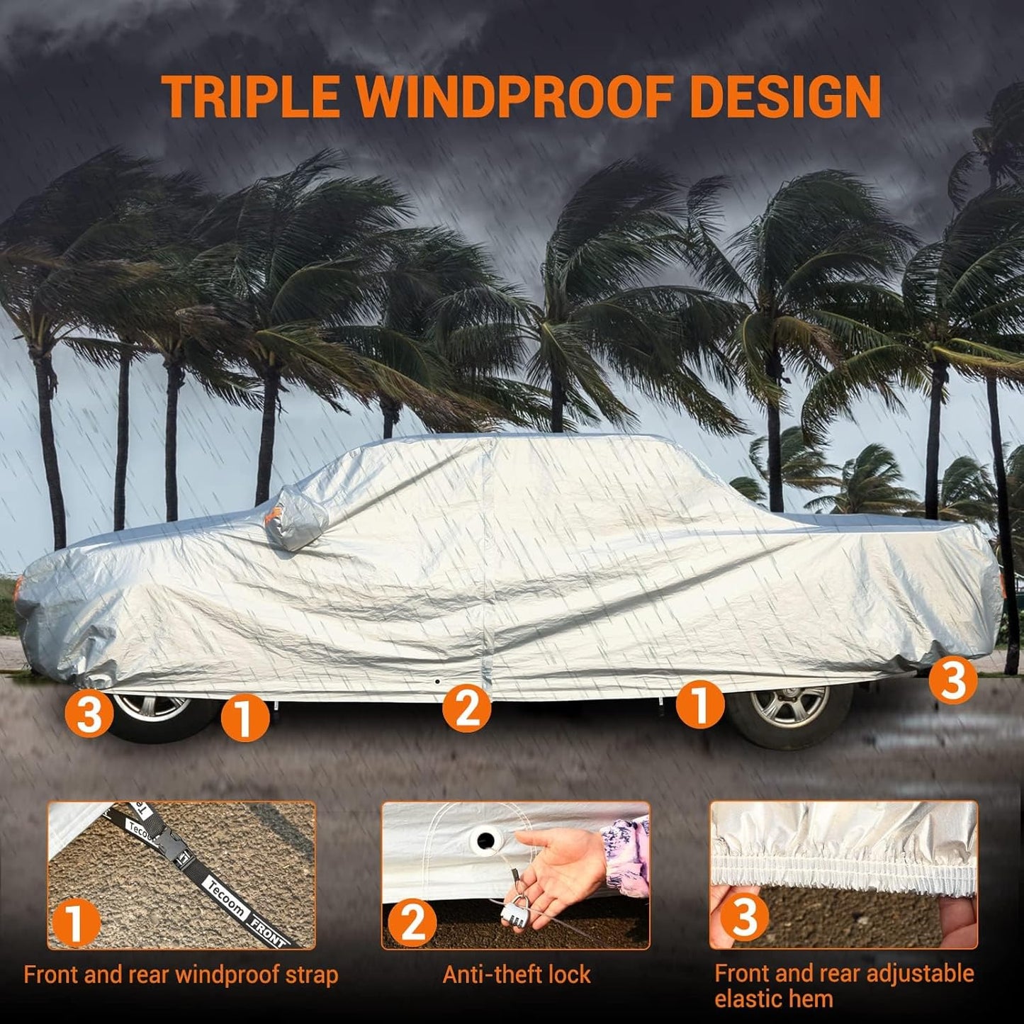 Tecoom Truck Cover Waterproof All Weather, 3 Layers Pickup Cover with Zipper Door/Lock, Full Exterior Covers Outdoor with Fleece Lining Cotton, Universal Fit Regular/Extended/supercrew Cab