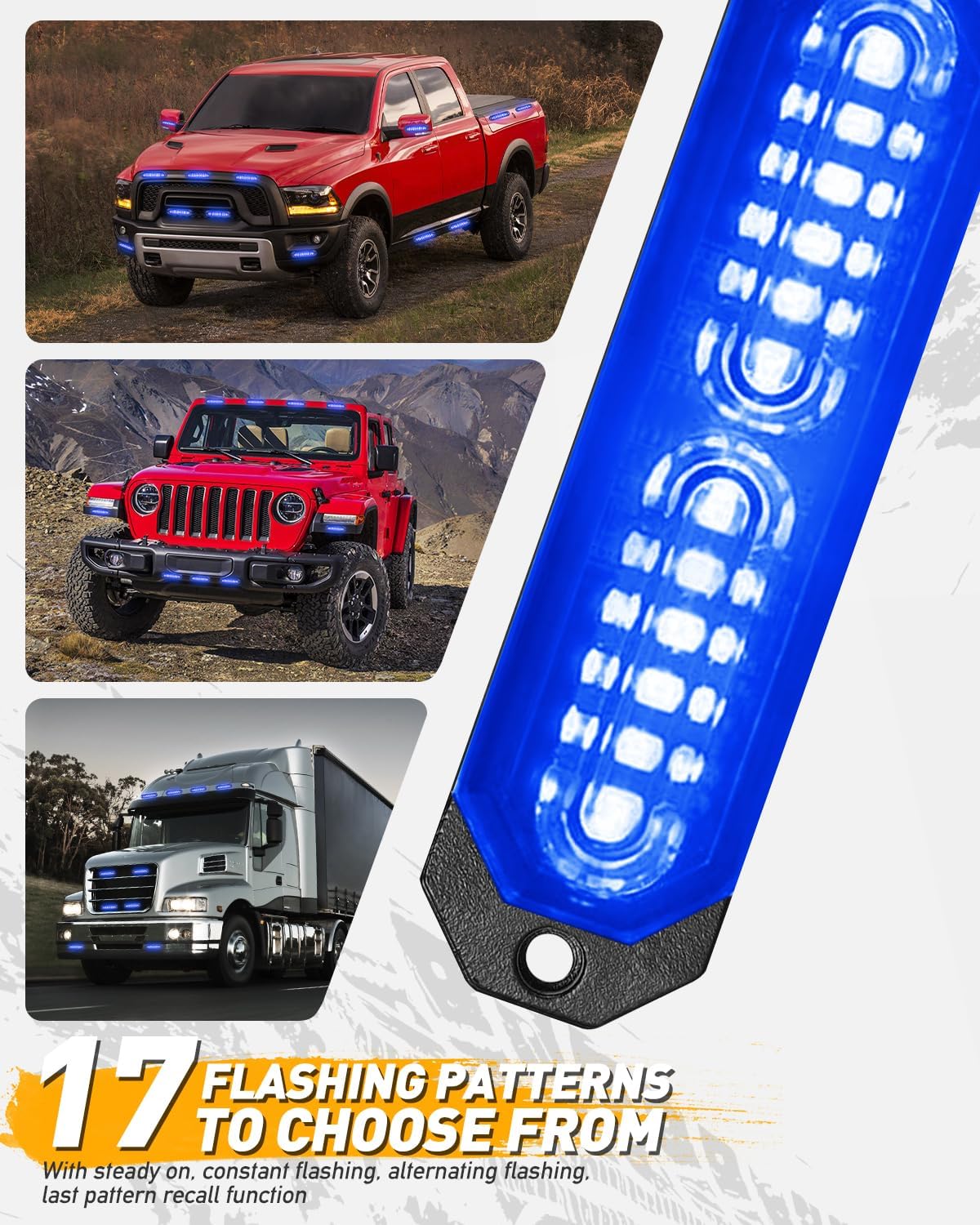 HLauto 1200T Emergency Strobe Grille Lights: 8pcs 12 LED Sync Feature Safety Warning Flashing Light, Ultra Slim Surface Mount Hazard Caution Lights for Trucks, Vehicles, Car, ATV, UTV (Blue)