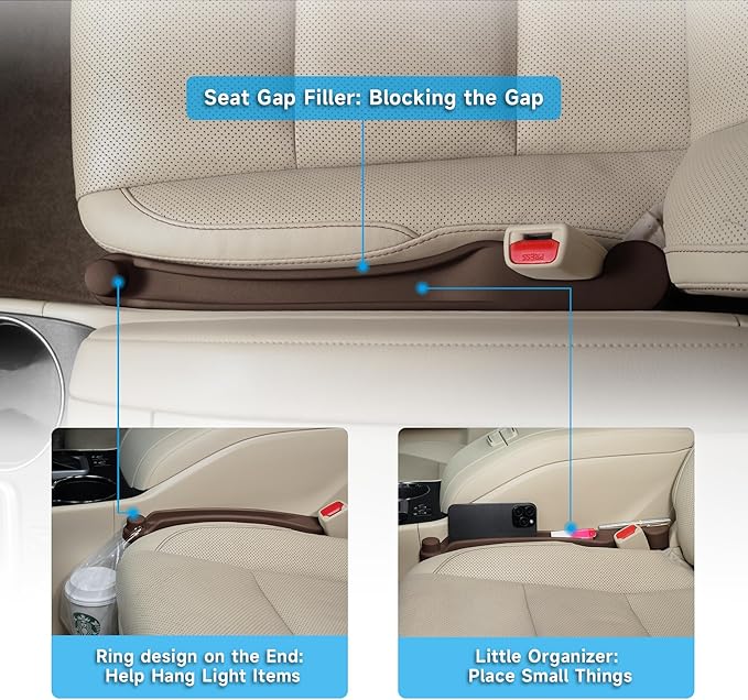 Car Seat Gap Filler Set of 2, 3IN1 Seat Side Gap Filler Plug with Storage Slot & Hook Function, Soft Foam Universal Fit Car SUV Truck Fill Gap Between Seats Console Organizer（Narrow Brown）