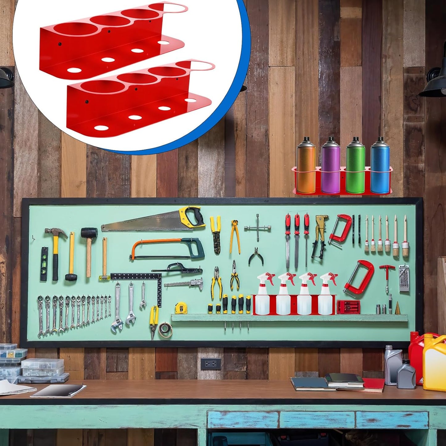 Therwen 2 Pcs All Purpose Steel Spray Bottle Holder Heavy Duty Can Holder Rack Organizer Easy Install Wall Mount Paint Spray Bottle Organizer Storage Rack for Garage Home Workspace(Red,4 Holes)