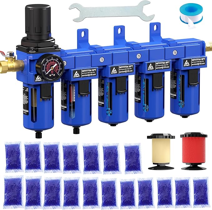 1/2'' NPT 5 Stage Air Dryer for Compressor,5&0.01 Micron Filter Cartridge Air Drying System,Double Desiccant Dryers & Air Regulator,Metal Bowl, Semi-Auto Drain,Industrial Grade-Blue