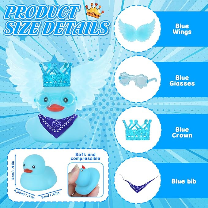 BOZILY Blue Angel Rubber Ducky Car Dashboard Decor - Squishy Rubber Duck with Blue Crown, Sunglasses, Scarf & Wing, Stress Relief Car Accessory for Adults, Includes Adhesive Stickers